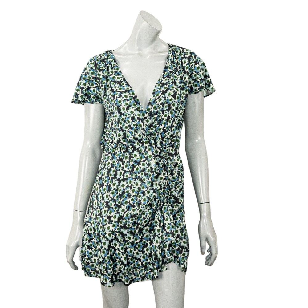 ZARA Women's Vneck Short Sleeve Mini Dress Blue Green Floral Size S